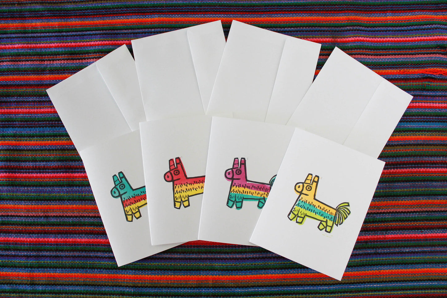 Set of 4 Burro Piñata Linocut Cards