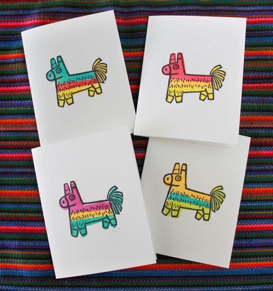 Set of 4 Burro Piñata Linocut Cards