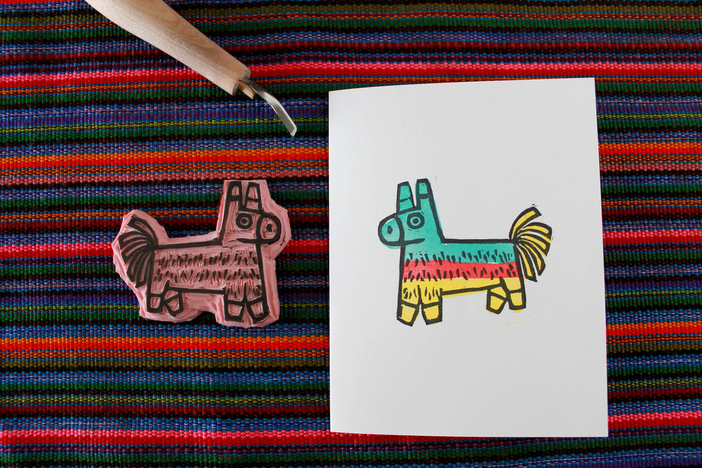 Set of 4 Burro Piñata Linocut Cards