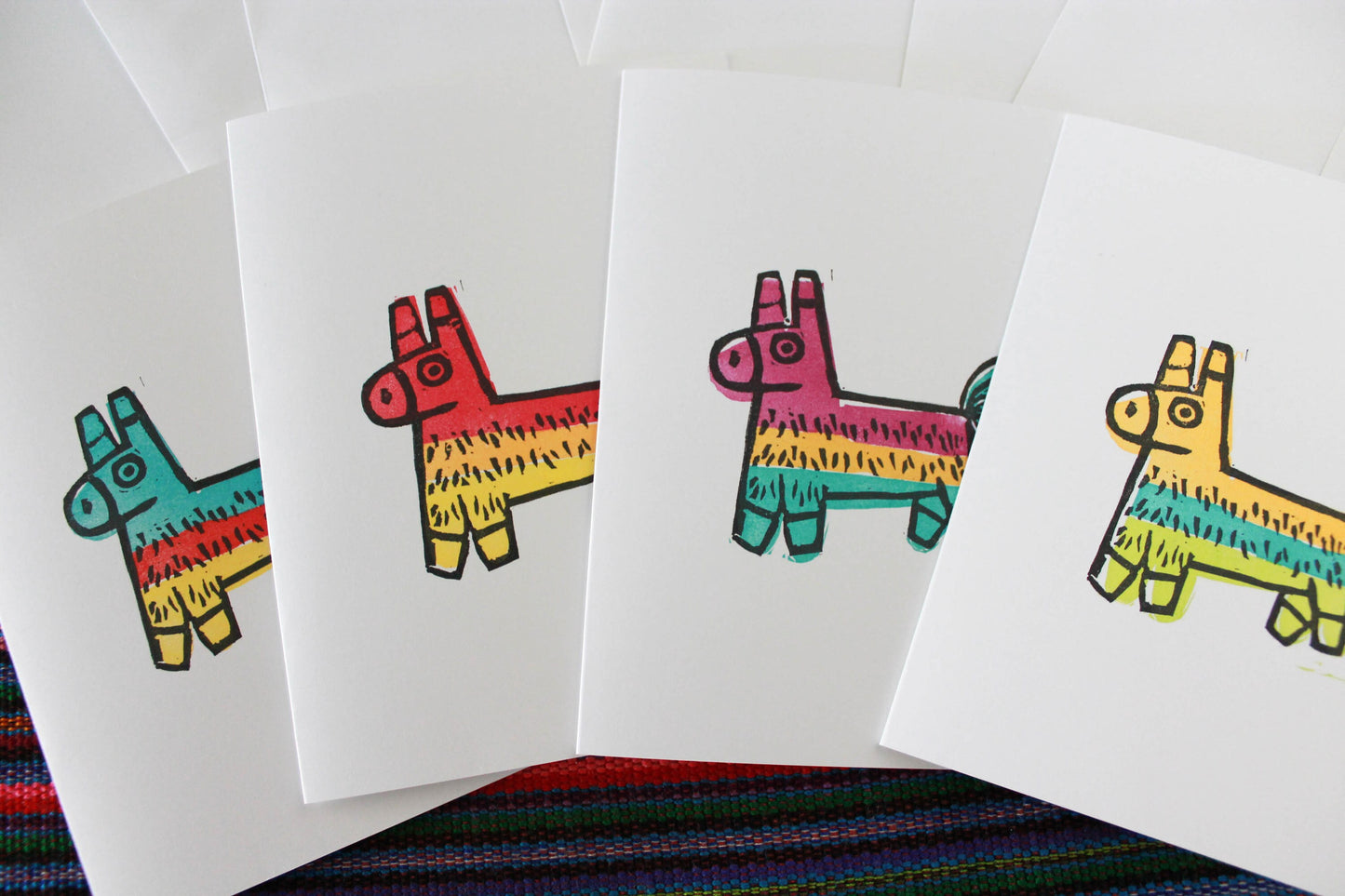 Set of 4 Burro Piñata Linocut Cards